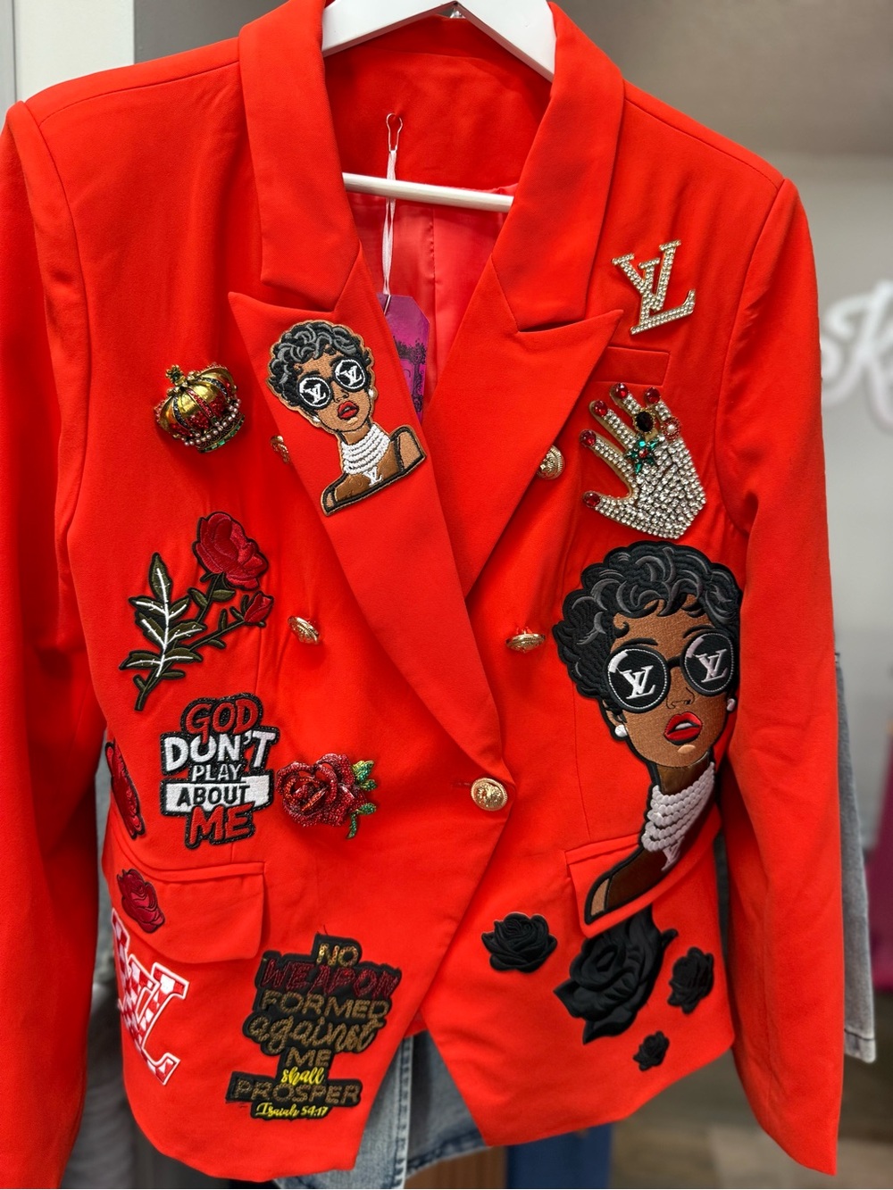 New Red Embellished Double-Breasted Blazer Jacket